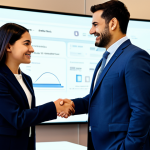 A professional male or female business person, fully clothed in a modest business suit, actively engaging in a dynamic scene that blends online and offline networking. On one side, they are looking at a laptop or tablet, participating in an online webinar or a professional online community, with digital interfaces visible. On the other side, they are shaking hands with another professional at a modern, bustling industry exhibition or networking event, with blurred backgrounds showing various booths and attendees. The scene emphasizes seamless integration of digital and physical connections, professional dress, appropriate attire, fully clothed, safe for work, appropriate content, perfect anatomy, correct proportions, natural pose, well-formed hands, proper finger count, natural body proportions, high-quality, sharp focus, professional photography.