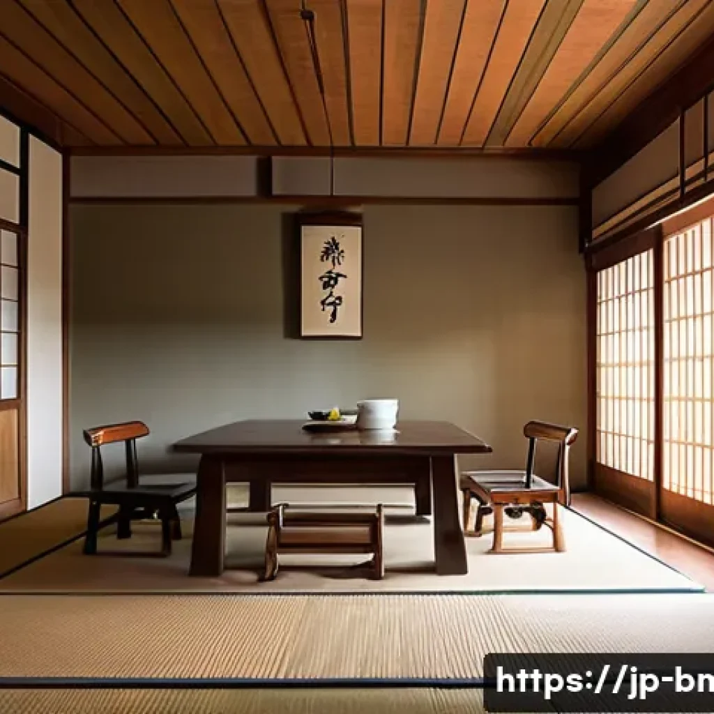 건축자재 마케팅의 디자인 요소 - **Prompt:** A cozy, serene interior of a beautifully restored traditional Japanese kominka (old folk...