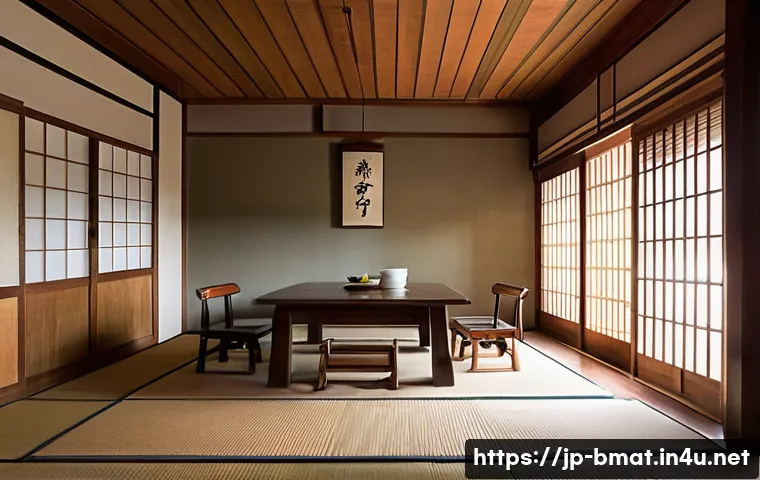 건축자재 마케팅의 디자인 요소 - **Prompt:** A cozy, serene interior of a beautifully restored traditional Japanese kominka (old folk...