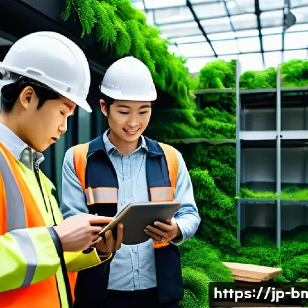건축자재 마케팅과 투자 비용 분석 - A modern Japanese construction site showcasing eco-friendly building materials with clear environmen...