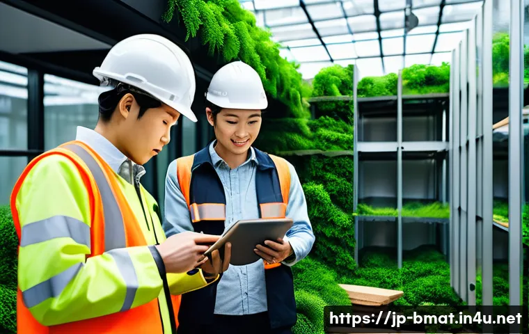 건축자재 마케팅과 투자 비용 분석 - A modern Japanese construction site showcasing eco-friendly building materials with clear environmen...