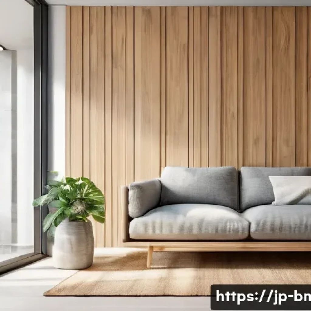 건축자재 마케팅과 건축 트렌드 연계 - A modern eco-friendly architectural material showcase featuring sustainable wood-based panels with v...