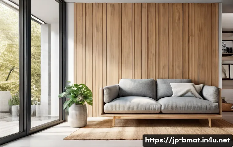 건축자재 마케팅과 건축 트렌드 연계 - A modern eco-friendly architectural material showcase featuring sustainable wood-based panels with v...