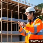 건축자재 관련 소셜미디어 인플루언서 활용 - A professional construction site scene in Japan featuring a skilled influencer wearing safety gear a...