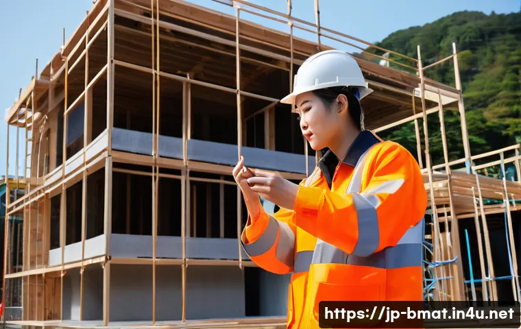 건축자재 관련 소셜미디어 인플루언서 활용 - A professional construction site scene in Japan featuring a skilled influencer wearing safety gear a...