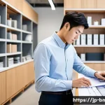 건축자재 관련 뉴스레터 제작 방법 - A modern, sleek office environment where a Japanese architect in smart casual attire is reviewing de...