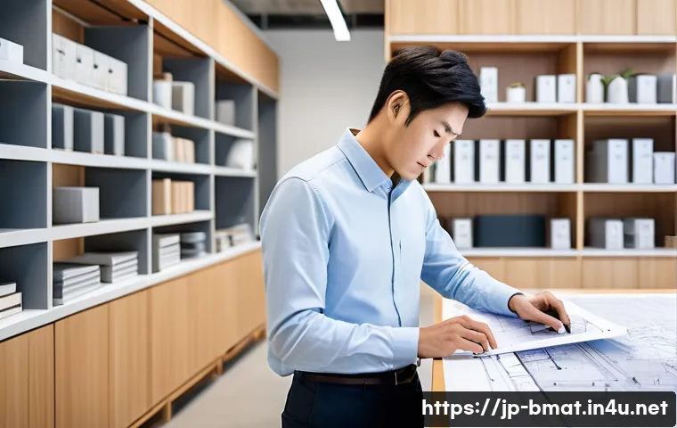 건축자재 관련 뉴스레터 제작 방법 - A modern, sleek office environment where a Japanese architect in smart casual attire is reviewing de...