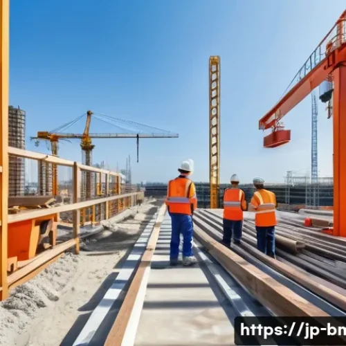 건축자재 마케팅에서의 품질 관리 - A modern Japanese construction site scene focused on quality control of building materials, featurin...