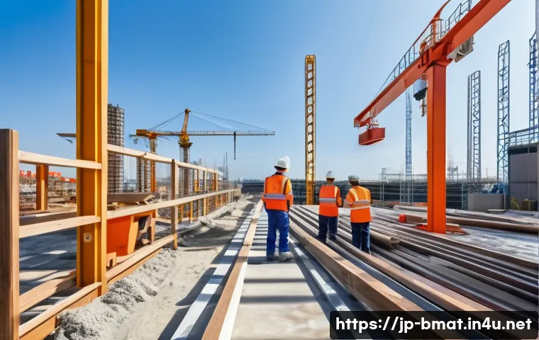 건축자재 마케팅에서의 품질 관리 - A modern Japanese construction site scene focused on quality control of building materials, featurin...