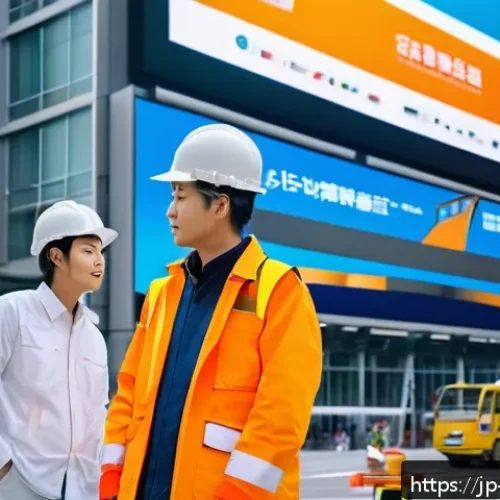 건축자재 광고 채널별 효과 비교 - A modern Japanese construction site scene with diverse architects and construction workers discussin...