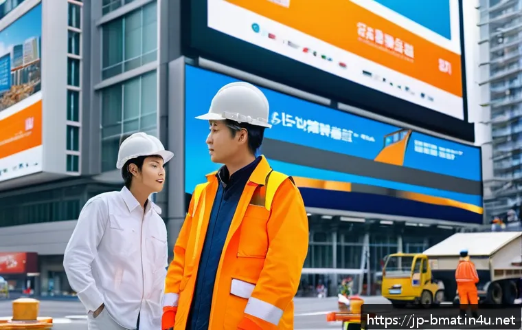 건축자재 광고 채널별 효과 비교 - A modern Japanese construction site scene with diverse architects and construction workers discussin...