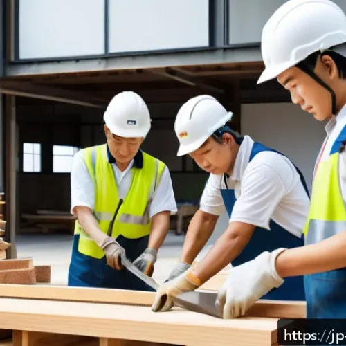 건축자재 마케팅에서 소셜미디어 활용법 - A modern Japanese construction site featuring skilled craftsmen wearing clean, functional workwear a...