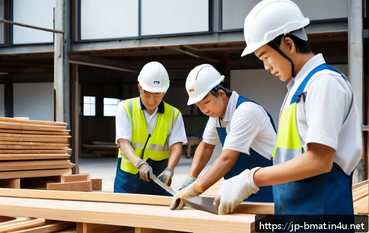 건축자재 마케팅에서 소셜미디어 활용법 - A modern Japanese construction site featuring skilled craftsmen wearing clean, functional workwear a...