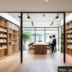 건축자재 마케팅 전문가 되는 법 - A modern Japanese architectural materials showroom interior, featuring eco-friendly construction mat...