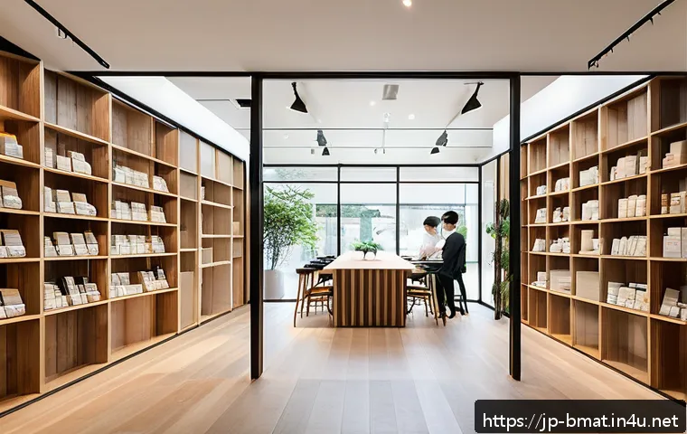 건축자재 마케팅 전문가 되는 법 - A modern Japanese architectural materials showroom interior, featuring eco-friendly construction mat...