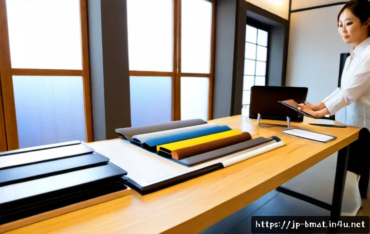건축자재 마케팅과 전자상거래 E commerce - Photorealistic Japanese construction materials showroom and e-commerce fulfillment workspace, neatly...